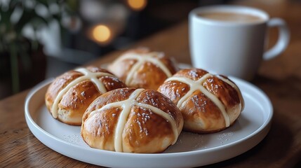 English cross buns and cup of coffee	