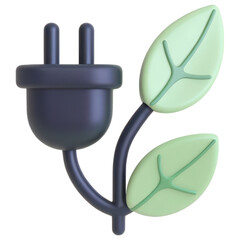 3D electric plug with growing leaves, symbolizing clean energy and sustainability in a modern design.