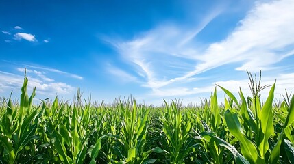 Obraz premium Vibrant cornfield stretching under a bright blue sky adorned with fluffy clouds and wispy patterns : Generative AI
