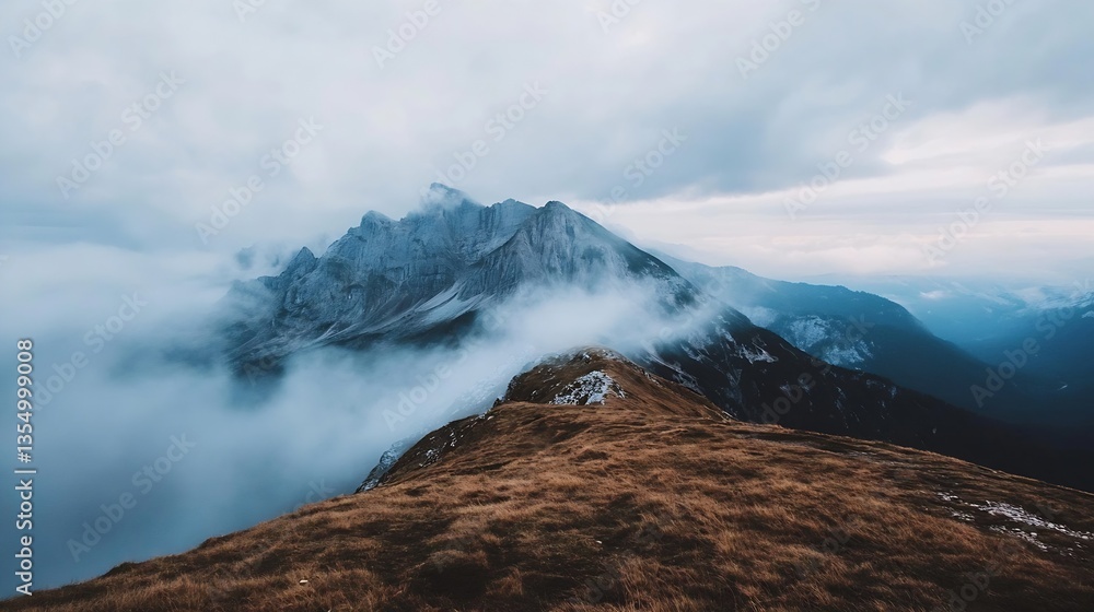 Poster majestic mountain range shrouded in mist under dramatic cloudy sky in remote wilderness : generative