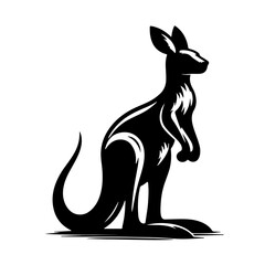 Black and white illustration, stylized kangaroo silhouette, minimalist design, tribal art influence, curved lines, sleek contours, iconic Australian wildlife, graphic art, bold contrast.