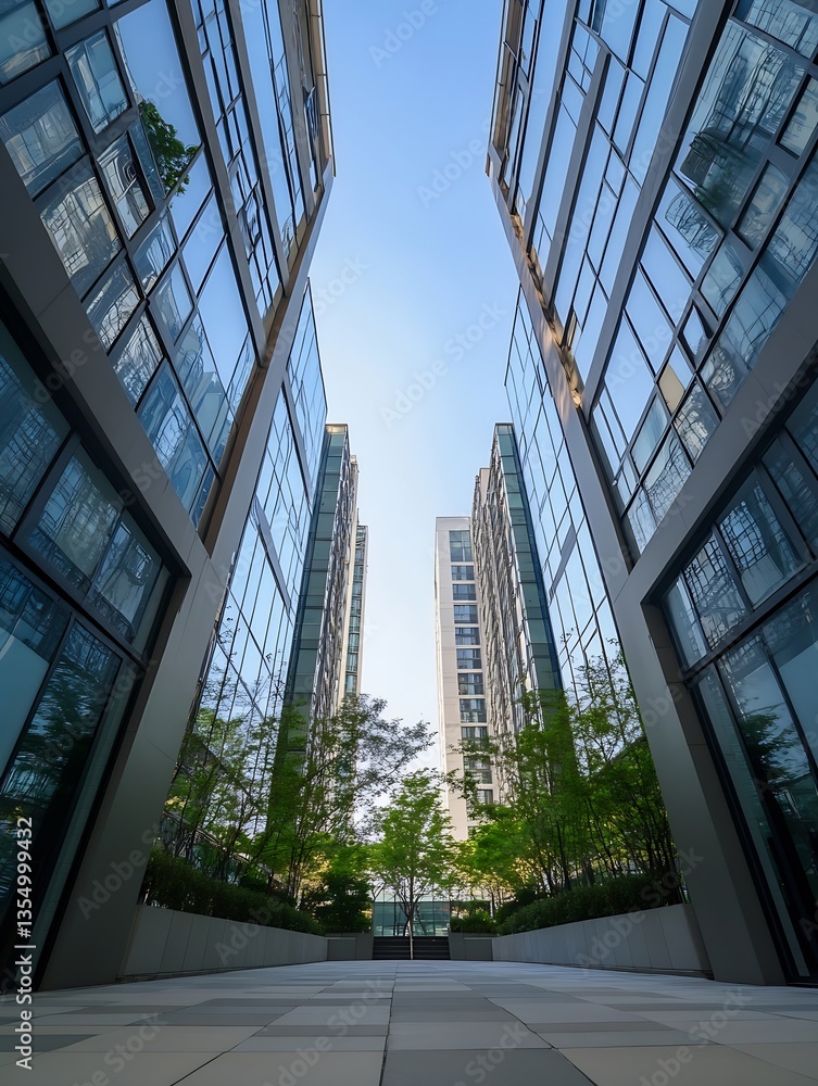 Poster Modern architecture view between glass skyscrapers with green trees in urban setting under clear blue sky : Generative AI