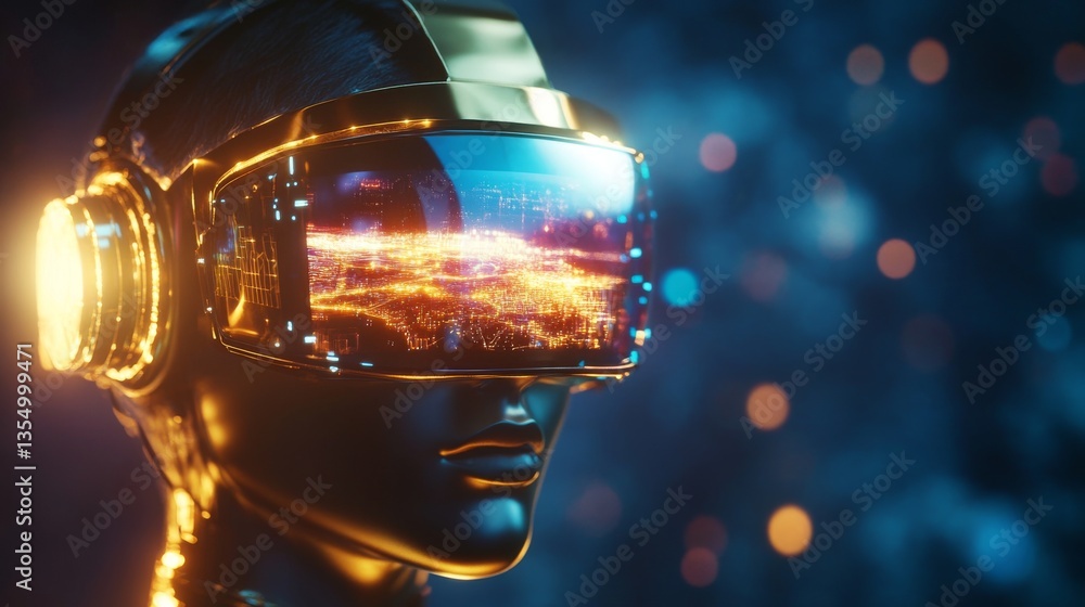Poster a digital avatar in a stylish golden vr headset, showing a luminous holographic interface amidst a d