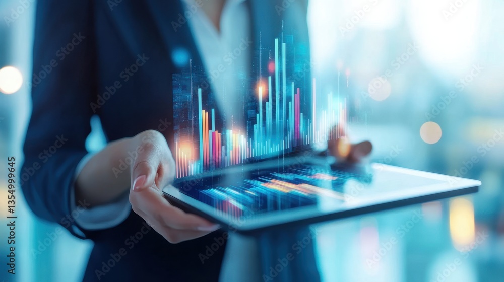 Poster data analysis & insight: a businessperson examines data charts and graphs on a tablet, demonstrating