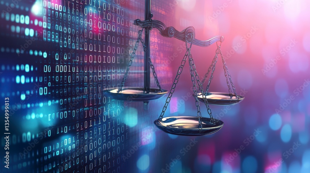 Poster scales of justice superimposed on a binary code background, symbolizing digital law and cybersecurit