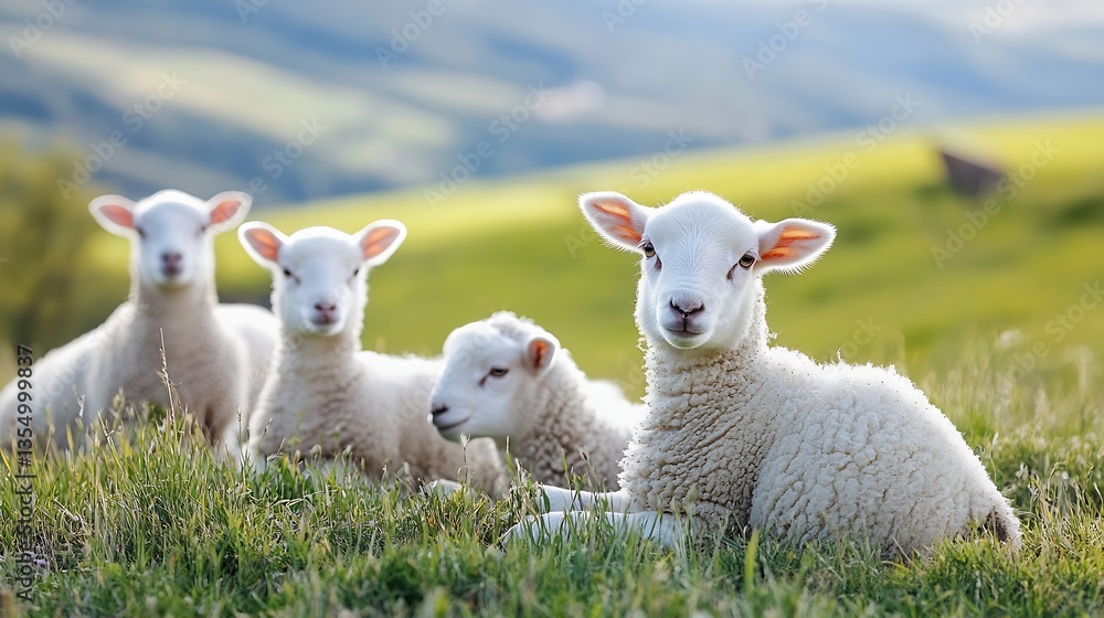Poster charming group of fluffy lambs relaxing on a green pasture with scenic hills in the background : gen