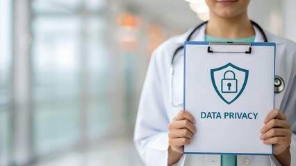 AI Ethics Healthcare. Healthcare professional holding a clipboard emphasizing data privacy in a clinical setting.