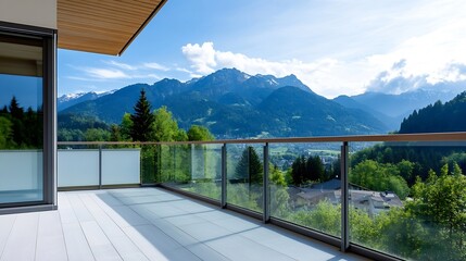 Stunning mountain views from a modern balcony overlooking a lush green valley : Generative AI