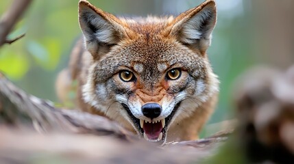 Naklejka premium Close-up of an Angry Coyote Displaying Its Teeth in Nature