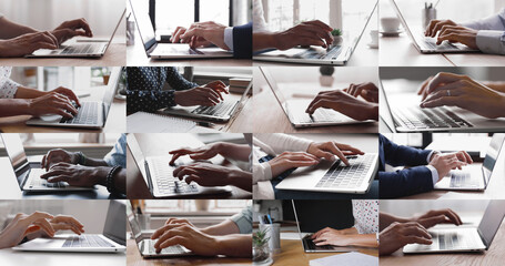 Collage cropped view diverse hands working on keyboards, typing on laptops, solve business, e-mailing, do freelance job. Digital connectivity, integration of tech in daily life, professional activity