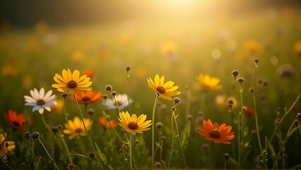 Brightly colored wildflowers in a sunlit meadow with soft bokeh background.