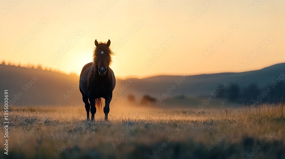 Poster majestic horse standing in a sunlit field with mountains in the background : generative ai