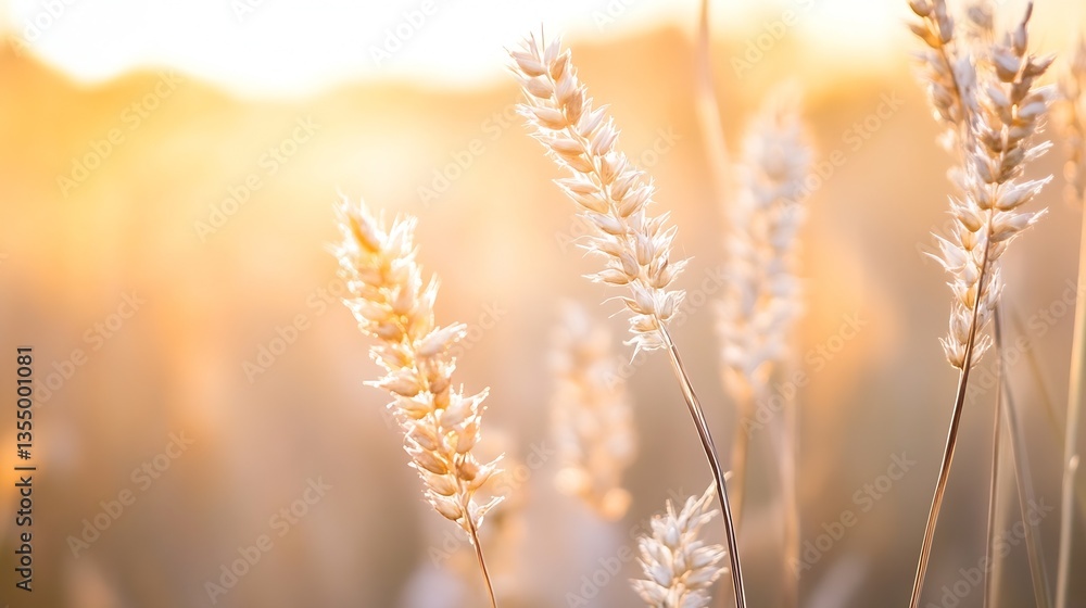 Poster golden wheat field glimmering in warm light during sunlit evening hours : generative ai