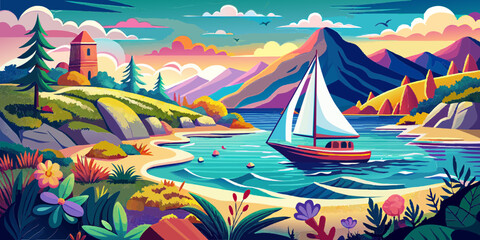 Tropical seascape with sailboat at sunny day. Sail yacht in beautiful lagune. Marine landscape with mountains and boat. AI generated vector illustration
