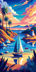 Tropical seascape with sailboat at sunny day. Sail yacht in beautiful lagune. Marine landscape with mountains and boat. AI generated vector illustration