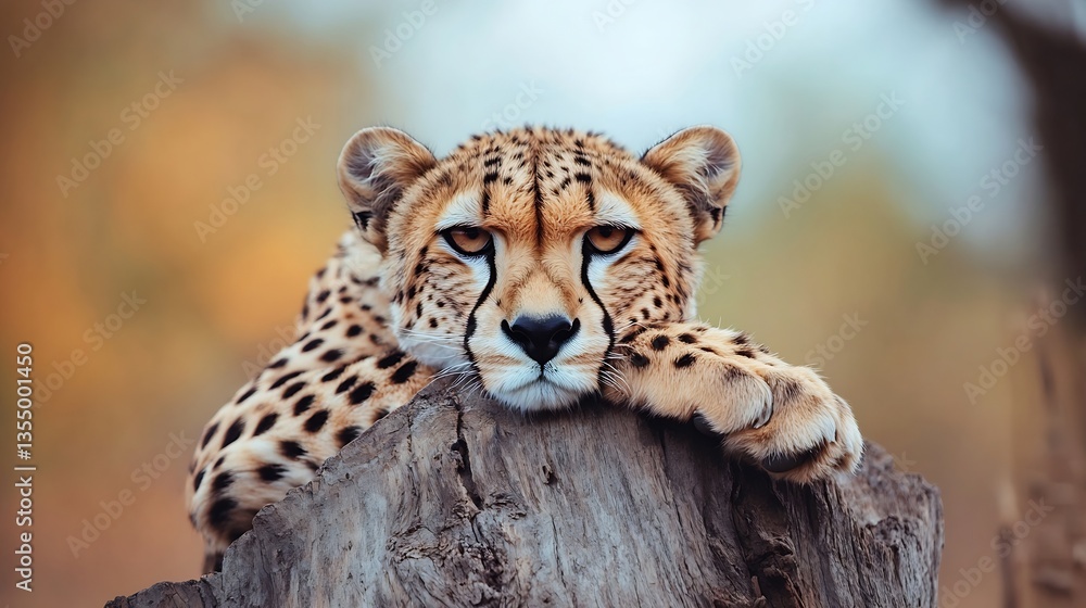 Poster Closeup of a resting cheetah laying on a wooden log in a natural setting : Generative AI