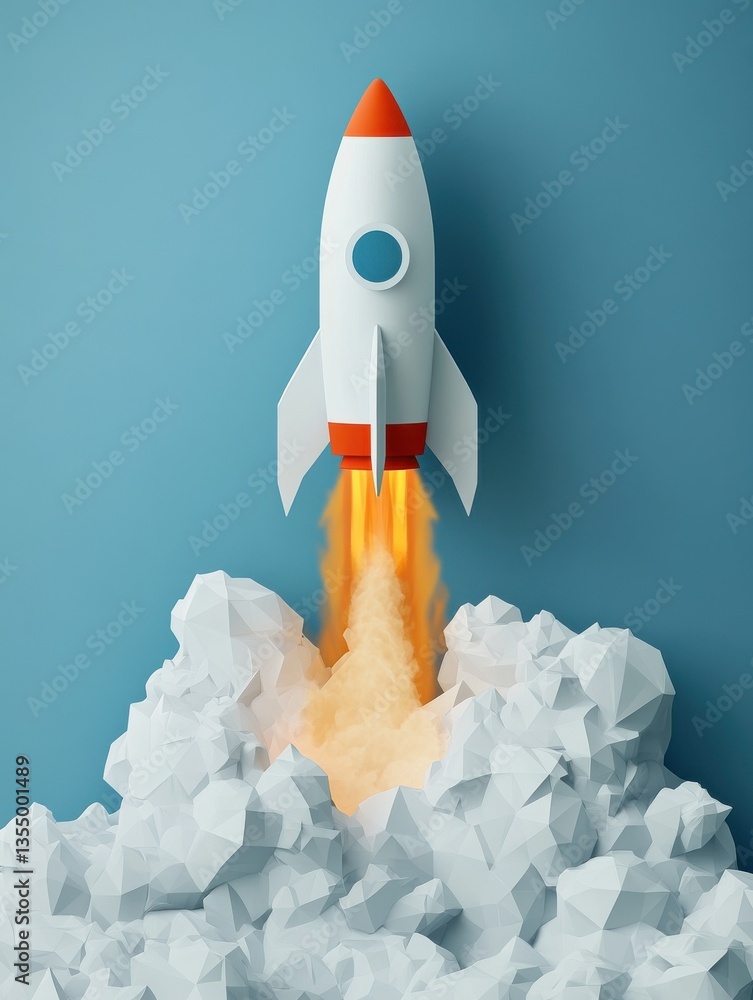 Poster abstract growth graph chart with launch rocket on technology blue background. startup and success bu