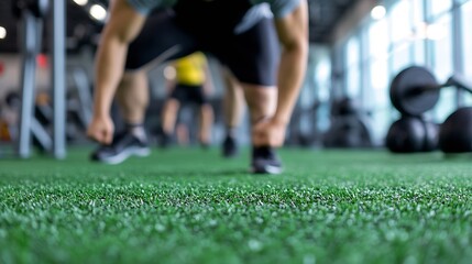 Focused athlete preparing for exercise on turf in a modern fitness center gym : Generative AI