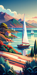 Tropical seascape with sailboat at sunny day. Sail yacht in beautiful lagune. Marine landscape with mountains and boat. AI generated vector illustration
