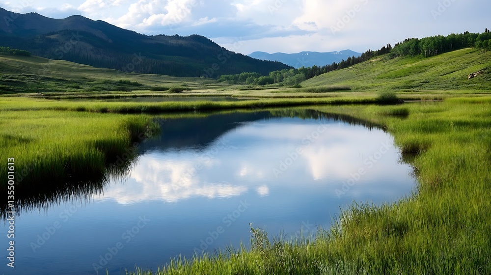 Poster serene mountain landscape with a reflective lake surrounded by lush greenery and gentle hills : gene