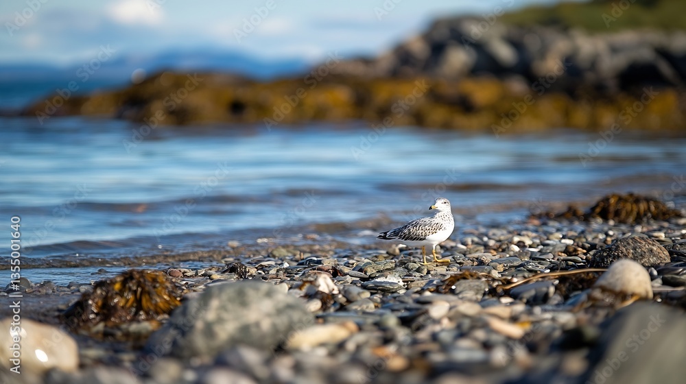 Poster seagull on rocky beach with clear blue water and distant mountains creating a peaceful coastal scene