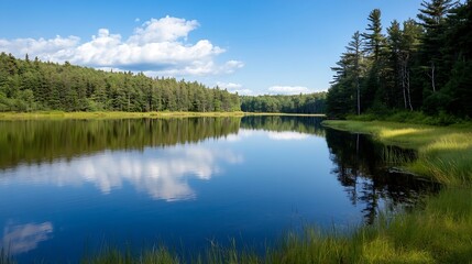 Fototapeta premium Serene Lake Surrounded by Lush Green Forest and Clear Blue Sky in Summer : Generative AI