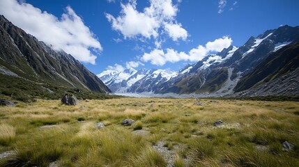 Fototapeta premium Majestic mountain landscape featuring snowcapped peaks and vibrant grasslands under a clear blue sky : Generative AI