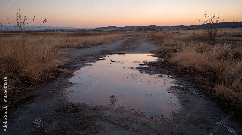 Poster sunset glow over a dirt path with puddles amidst brown grass in open fields : generative ai
