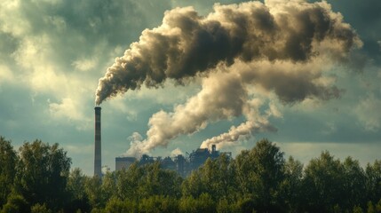 Industrial Pollution: Dark Clouds of Smoke Billowing from Factory Chimney, Environmental Concerns
