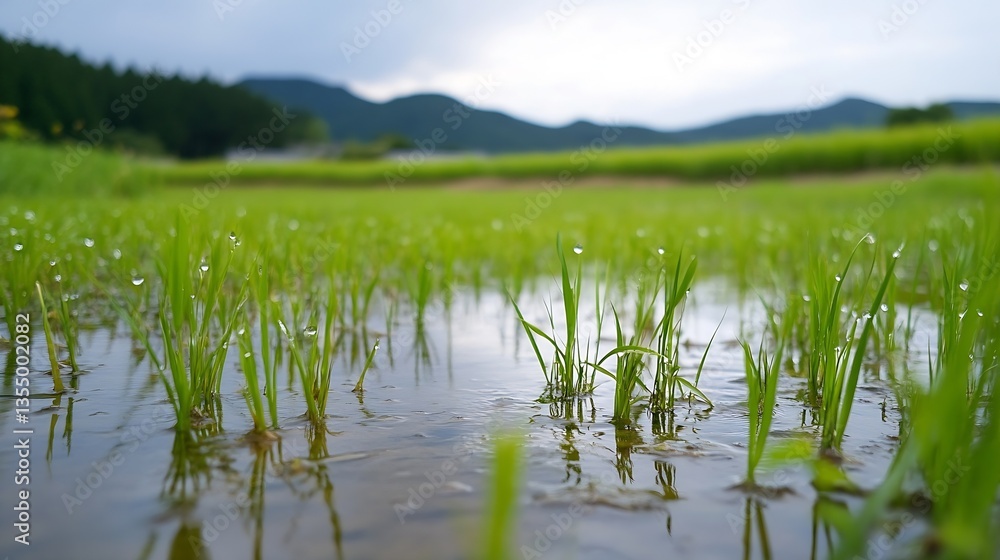 Poster lush green rice paddy field with droplets of water reflecting sunlight and mountains in the backgrou