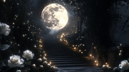 Magical staircase illuminated by soft lights, leading up to a large, full moon. Surrounded by blooming white roses, this night scene evokes a fairytale-like atmosphere.. AI Generation