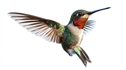 Fototapeta premium Hummingbird in flight against white background. Possible use Nature photography, stock photo
