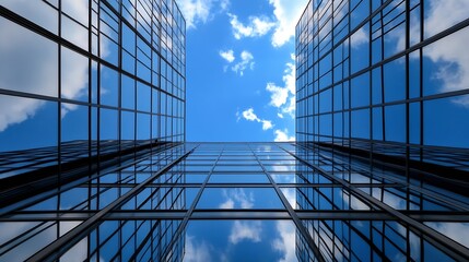 Stunning upward view of modern glass buildings against a bright blue sky with scattered clouds : Generative AI