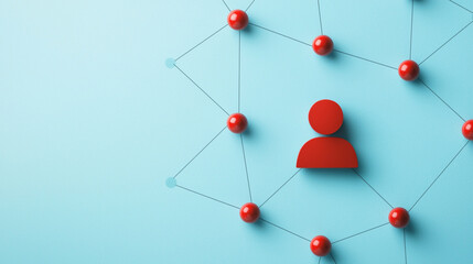 A minimalistic design featuring a red figure connected by lines to multiple nodes on a light blue background, representing networking or social connections.