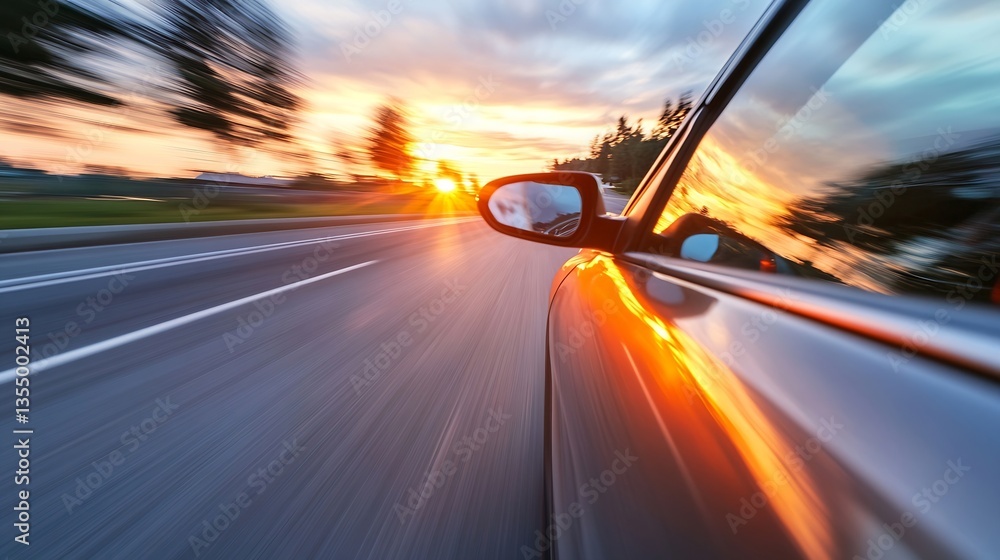 Poster Dynamic view of a speeding car capturing the essence of sunset on a vibrant road : Generative AI
