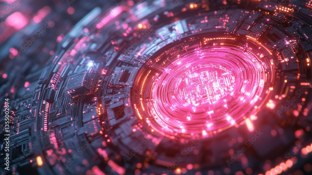 Poster a vibrant 3d render showcasing an intricate circular circuit design illuminated by vivid pink and or