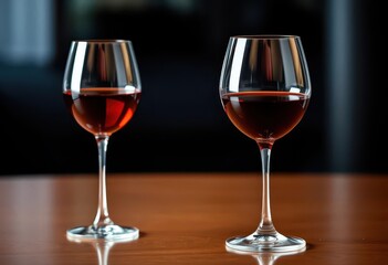 Two wine glasses, one red, one white, stand side by side on a table, beverage, glassware