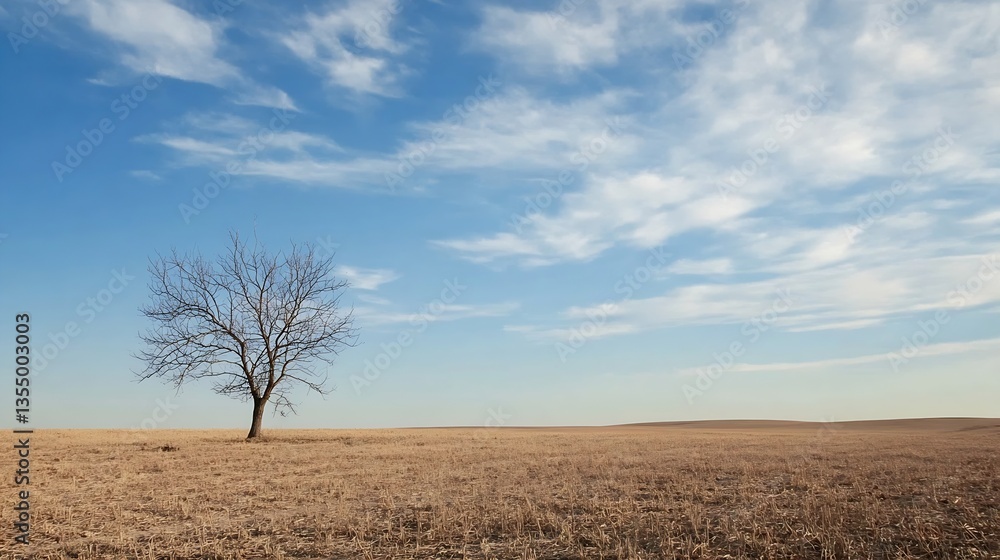Poster Lonely Leafless Tree in an Open Dry Landscape Under a Wide Blue Sky with Clouds : Generative AI