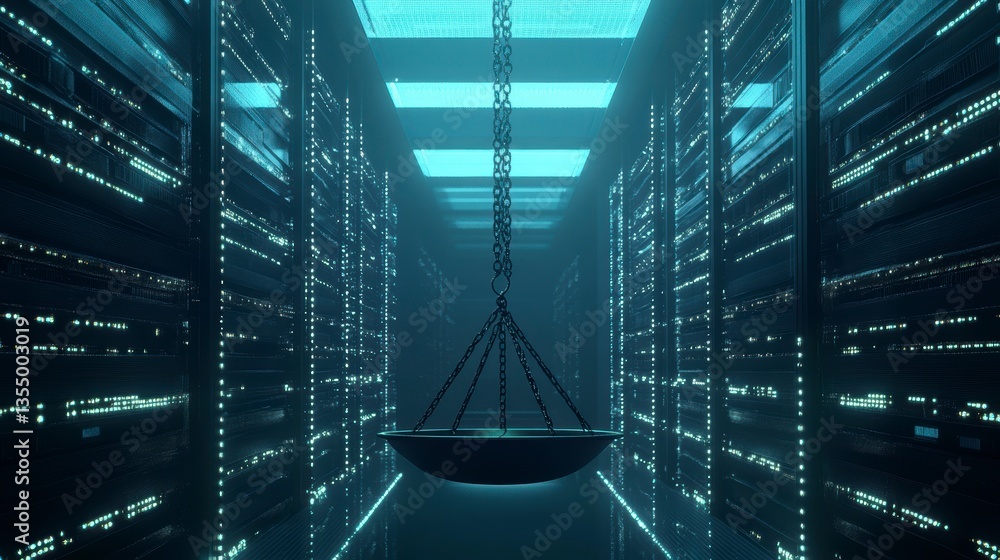 Poster Scale hanging in a futuristic server room, representing data balance and security.