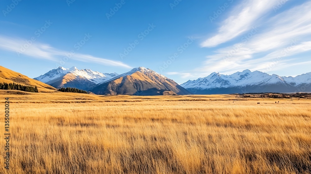 Poster panoramic view of snowcapped mountains under a clear blue sky with golden grass in the foreground : 