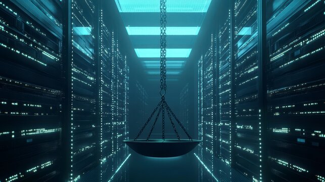 Scale hanging in a futuristic server room, representing data balance and security. - Powered by Adobe