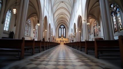 Obraz premium Grand Church Interior with High Arches Wood and Stained Glass Windows Illuminated by Soft Light : Generative AI