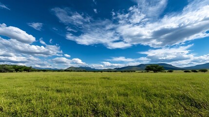 Obraz premium Expansive Landscape with Lush Green Grass Under Bright Blue Sky and Fluffy White Clouds : Generative AI