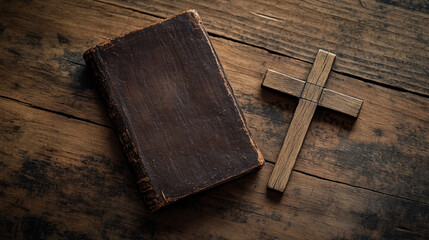 Fototapeta premium A wooden cross beside a vintage book on a rustic wooden surface, evoking themes of faith and spirituality.