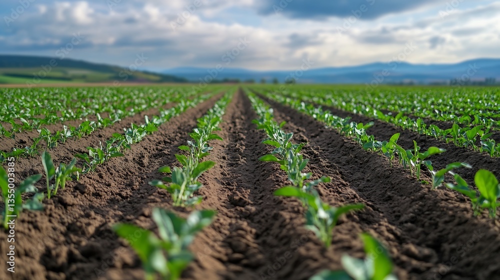 Poster lush green crop field with steady rows against a dramatic cloudy sky : generative ai