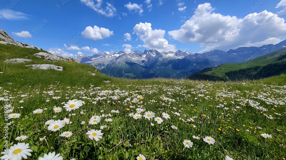 Poster beautiful mountain view with wildflowers in foreground under blue sky with clouds : generative ai