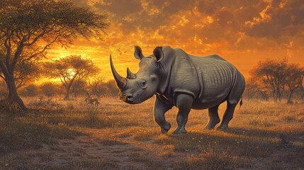 Fototapeta premium White rhinoceros walking through a sunlit savanna, with its horn and rough gray skin glowing under the warm light of a late afternoon sun.