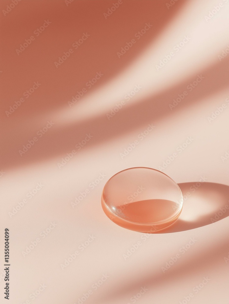 Poster close-up of a small, round, transparent object on a light pink background. the object appears to be 