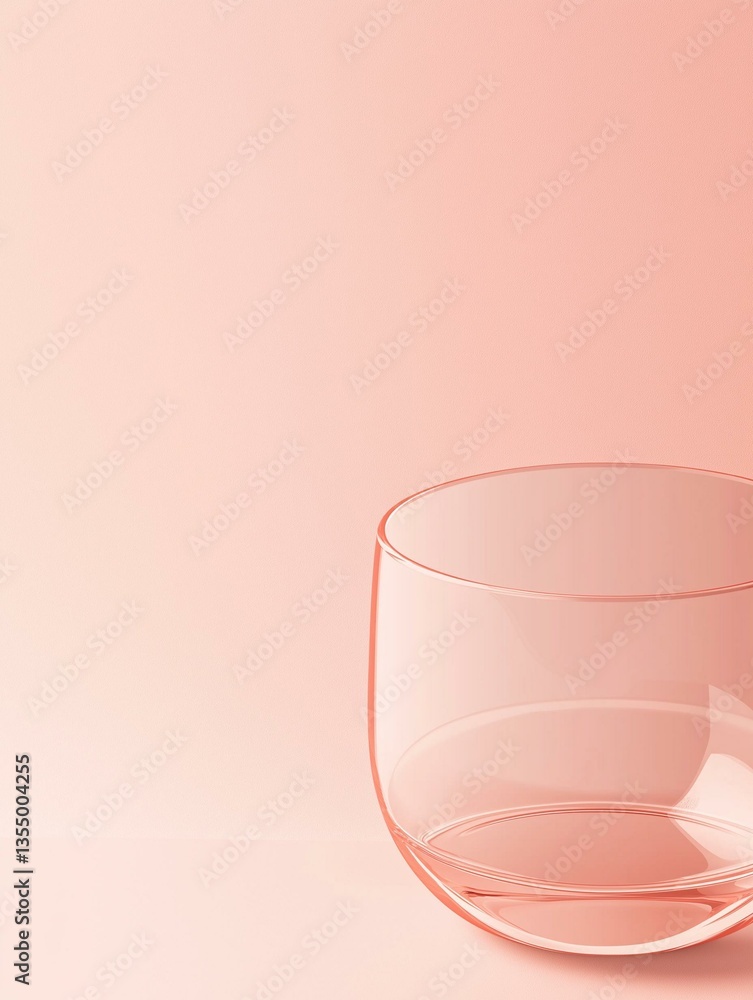 Poster 3d rendering of a glass bowl on a plain pink background. the bowl is empty and has a smooth, transpa