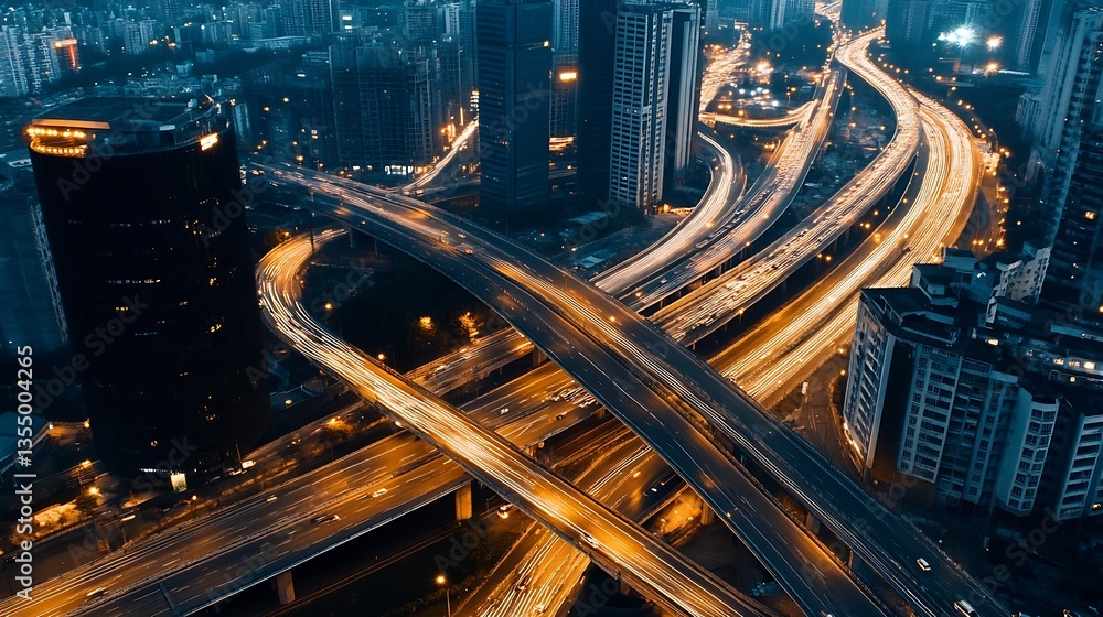 Aufkleber dynamic aerial view of a bustling city with illuminated highways and tall buildings at night : gener